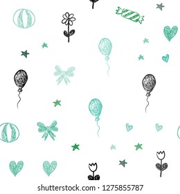 Light Green vector seamless template in carnival style. Abstract illustration with aheart, baloon, candy, gift, star, ribbon. Template for new year postcards.