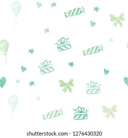 Light Green vector seamless template in carnival style. Illustration with a colorfulheart, baloon, candy, gift, star, ribbon. Pattern for birthday gifts.