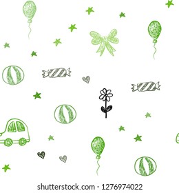 Light Green vector seamless template with carnival elements. Colorful illustration with a toy car, heart, baloon, tulip, candy, ball. Pattern for birthday gifts.