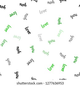 Light Green vector seamless template with text LOVE YOU. Decorative design in doodle style with text LOVE YOU. Template for business cards, websites.