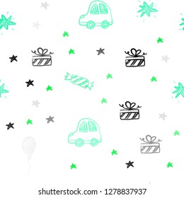 Light Green vector seamless template in carnival style. Abstract illustration with a toy car, baloon, candy, star, ball. Design for holiday adverts.