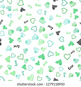Light Green vector seamless template with text LOVE YOU, hearts. Design in doodle style with text LOVE YOU, hearts. Pattern for trendy fabric, wallpapers.