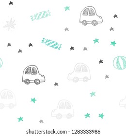 Light Green vector seamless template in carnival style. Colorful illustration with a toy car, baloon, candy, star, ball. Design for colorful commercials.