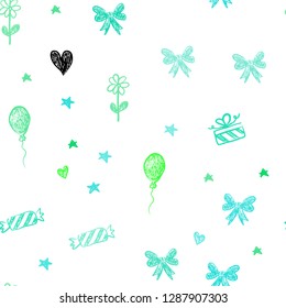 Light Green vector seamless template in carnival style. Shining illustration with aheart, baloon, candy, gift, star, ribbon. Design for holiday adverts.