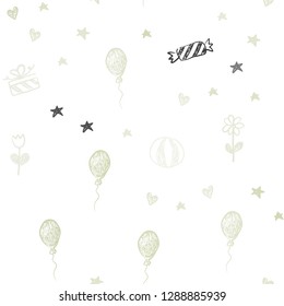 Light Green vector seamless template in carnival style. Illustration with a colorfulheart, baloon, candy, gift, star, ribbon. Design for holiday adverts.