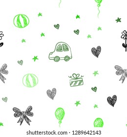 Light Green vector seamless template with carnival elements. Illustration with a gradient toy car, heart, baloon, tulip, candy, ball. Design for holiday adverts.