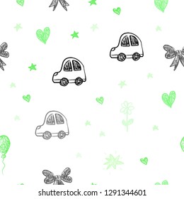 Light Green vector seamless template with carnival elements. Illustration with a gradient toy car, heart, baloon, tulip, candy, ball. Pattern for birthday gifts.