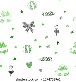 Light Green vector seamless template with carnival elements. Design in xmas style with a toy car, heart, baloon, tulip, candy, ball. Pattern for new year ads.