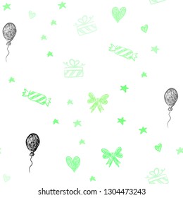 Light Green vector seamless template in carnival style. Design in xmas style with aheart, baloon, candy, gift, star, ribbon. Pattern for carnival, festival ads.