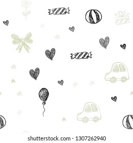 Light Green vector seamless template with carnival elements. Illustration with a gradient toy car, heart, baloon, tulip, candy, ball. Pattern for carnival, festival ads.