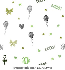 Light Green vector seamless template in carnival style. Design in xmas style with aheart, baloon, candy, gift, star, ribbon. Design for colorful commercials.
