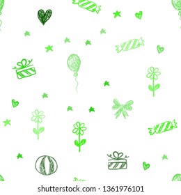 Light Green vector seamless template in carnival style. Illustration with a colorfulheart, baloon, candy, gift, star, ribbon. Pattern for carnival, festival ads.