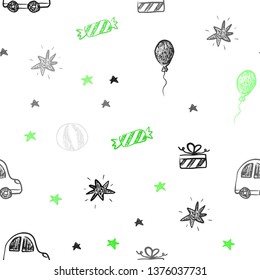 Light Green vector seamless template in carnival style. Colorful illustration with a toy car, baloon, candy, star, ball. Design for colorful commercials.