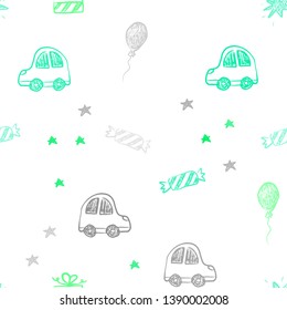 Light Green vector seamless template in carnival style. Abstract illustration with a toy car, baloon, candy, star, ball. Design for colorful commercials.