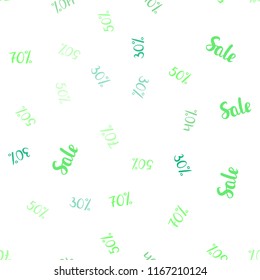 Light Green vector seamless texture with selling prices 30, 40, 50, 70 %. Colored words of sales with gradient on white background. Template for season sales, shopping ads.