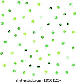 Light Green vector seamless texture with coffee beans, mugs. Decorative gradient design of coffee cups and beans. Template of a black hot beverage in a cafe.