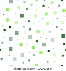 Light Green vector seamless texture with disks, rectangles. Glitter abstract illustration with cubes, circles. Template for business cards, websites.