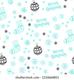 Light Green vector seamless texture with colored snowflakes, balls, socks, mittens. Colorful decorative design in xmas style. Pattern for design of fabric, wallpapers.