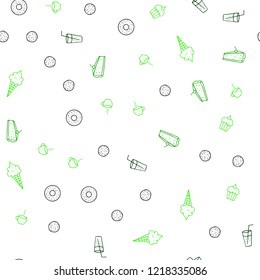 Light Green vector seamless texture with delicious snacks. Glitter abstract sketch with gourmet food. Template for meal cooking in kitchen.