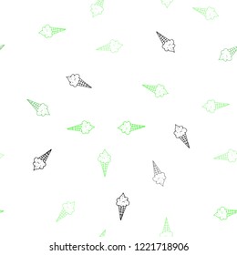 Light Green vector seamless texture with delicious ice-cream. Glitter abstract sketch with ice-cream cones. Doodle design for your business advert of cafes.