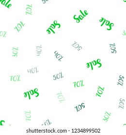 Light Green vector seamless texture with selling prices 30, 40, 50 %. Shining colorful illustration with isolated selling prices. Backdrop for mega promotions, discounts.