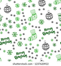 Light Green vector seamless texture with colored snowflakes, balls, socks, mittens. Colorful xmas elements with gradient. Pattern for trendy fabric, wallpapers.