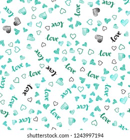 Light Green vector seamless texture with words LOVE YOU, hearts. Romantic illustration with colorful phrase LOVE YOU, hearts. Texture for window blinds, curtains.