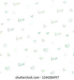 Light Green vector seamless texture with words LOVE YOU, hearts. Illustration with phrase LOVE YOU, hearts for valentine's day. Texture for window blinds, curtains.