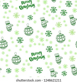 Light Green vector seamless texture with colored snowflakes, balls, socks, mittens. Colorful xmas elements with gradient. Pattern for trendy fabric, wallpapers.
