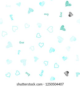 Light Green vector seamless texture with words LOVE YOU, hearts. Illustration with words of love, hearts in abstract style. Design for wallpaper, fabric makers.