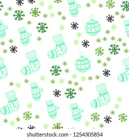 Light Green vector seamless texture with colored snowflakes, balls, socks, mittens. Colorful decorative design in xmas style. Design for textile, fabric, wallpapers.