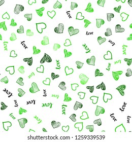 Light Green vector seamless texture with words LOVE YOU, hearts. Illustration with phrase LOVE YOU, hearts for valentine's day. Pattern for trendy fabric, wallpapers.