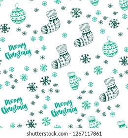 Light Green vector seamless texture with colored snowflakes, balls, socks, mittens. Colorful decorative design in xmas style. Design for textile, fabric, wallpapers.
