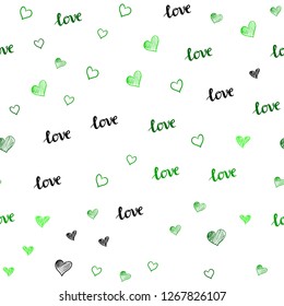 Light Green vector seamless texture with words LOVE YOU, hearts. Colorful gradient phrase LOVE YOU, hearts in abstract style. Template for business cards, websites.