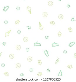 Light Green vector seamless texture with delicious snacks. Illustration with set of fresh food in doodle style. Pattern for menu of cafes, bars, restaurants.