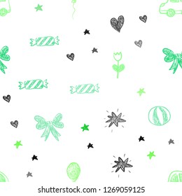 Light Green vector seamless texture with birthday gifts. Illustration with a gradient toy car, heart, baloon, tulip, candy, ball. Pattern for birthday gifts.