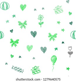 Light Green vector seamless texture in birthday style. Illustration with a gradientheart, baloon, candy, gift, star, ribbon. Template for new year postcards.
