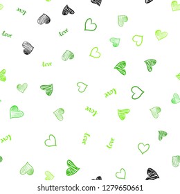 Light Green vector seamless texture with words LOVE YOU, hearts. Design in doodle style with text LOVE YOU, hearts. Pattern for trendy fabric, wallpapers.