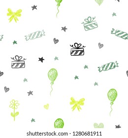 Light Green vector seamless texture in birthday style. Illustration with a gradientheart, baloon, candy, gift, star, ribbon. Pattern for new year ads.
