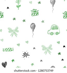 Light Green vector seamless texture with birthday gifts. Design in xmas style with a toy car, heart, baloon, tulip, candy, ball. Template for new year postcards.