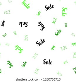 Light Green vector seamless texture with selling prices 30, 50, 70 %. Gradient illustration with discount signs on white backdrop. Backdrop for mega promotions, discounts.