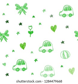Light Green vector seamless texture with birthday gifts. Colorful illustration with a toy car, heart, baloon, tulip, candy, ball. Pattern for carnival, festival ads.