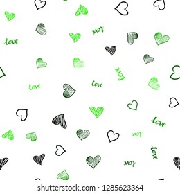 Light Green vector seamless texture with words LOVE YOU, hearts. Colorful gradient phrase LOVE YOU, hearts in abstract style. Design for wallpaper, fabric makers.