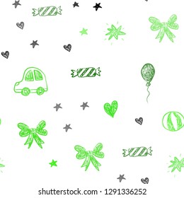 Light Green vector seamless texture with birthday gifts. Colorful illustration with a toy car, heart, baloon, tulip, candy, ball. Design for colorful commercials.