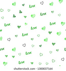 Light Green vector seamless texture with words LOVE YOU, hearts. Illustration with phrase LOVE YOU, hearts for valentine's day. Design for wallpaper, fabric makers.