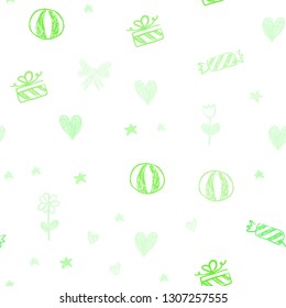 Light Green vector seamless texture in birthday style. Shining illustration with aheart, baloon, candy, gift, star, ribbon. Design for colorful commercials.