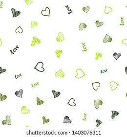 Light Green vector seamless texture with words LOVE YOU, hearts. Illustration with words of love, hearts in abstract style. Template for business cards, websites.