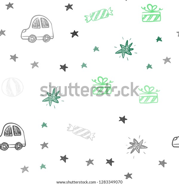 Light Green vector seamless texture in\
birthday style. Colorful illustration with a toy car, baloon,\
candy, star, ball. Design for holiday\
adverts.