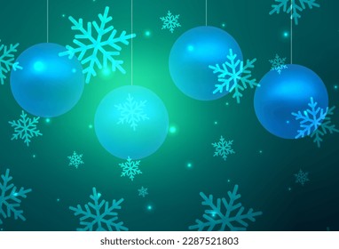 Plantilla vectorial de color verde claro en estilo carnaval. Ilustración con coloridos copos de nieve y bolas de Navidad. Plantilla para letras, tipografía.