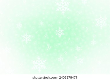 Hellgrüne Vektorvorlage im Karneval-Stil. Abstrakte Illustration mit Weihnachtsbällen und Schneeflocken. Muster für Schulen, Grammatikwebseiten.
